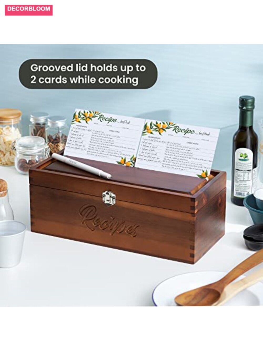 Acacia Wood Large Recipe Box with 100 Cards and 8 Dividers - Picture 4 of 6